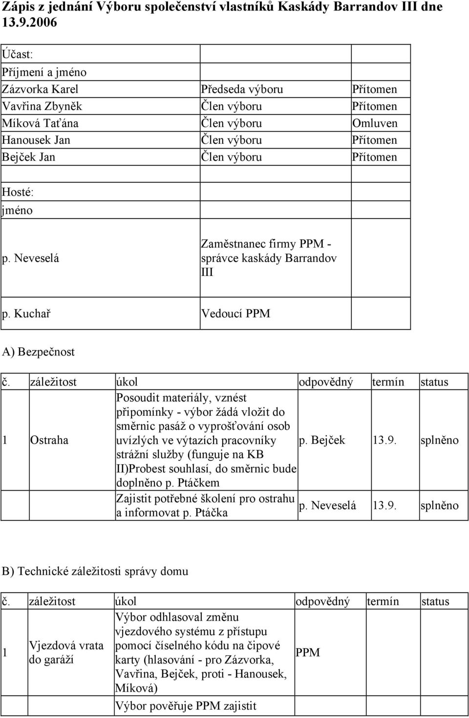 Přítomen Hosté: jméno Zaměstnanec firmy PPM - správce kaskády Barrandov III p. Kuchař Vedoucí PPM A) Bezpečnost č.