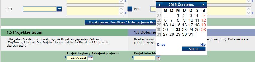 Obrázek níže ukazuje, jak vypadá záznam s jedním lead partnerem a dvěma projektovými partnery: Doba realizace projektu Zde je třeba udat jak datum zahájení projektu, tak datum jeho ukončení.