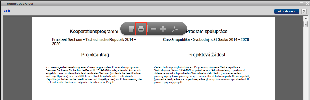 zvolit, zda chcete výstup vygenerovat (1) jako pdf (což znamená, že se dokument zobrazí přímo v okně) nebo External PDF (prohlížeč vám nabídne soubor ke stažení, viz následující obrázek).