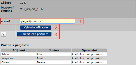 odpovídající pole označí oranžově. Pokud uživatel existuje, bude aktivováno pole Změnit vlastníka formuláře (Změnit lead partnera) (3).