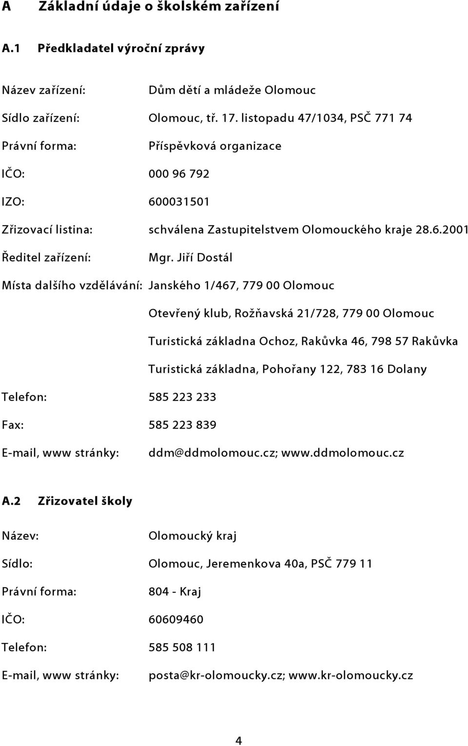 Jiří Dostál Místa dalšího vzdělávání: Janského 1/467, 779 00 Olomouc Otevřený klub, Rožňavská 21/728, 779 00 Olomouc Turistická základna Ochoz, Rakůvka 46, 798 57 Rakůvka Turistická základna,