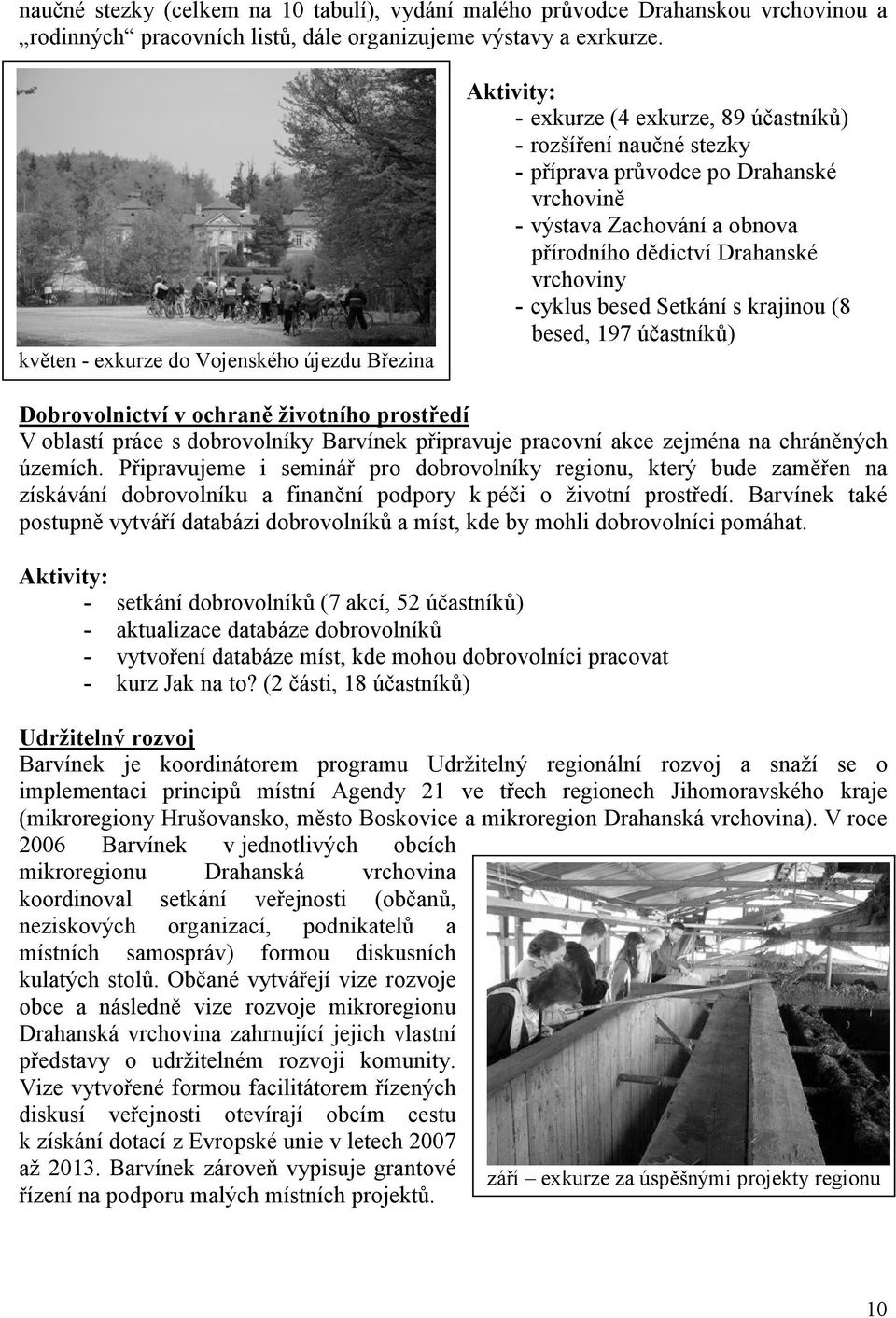 přírodního dědictví Drahanské vrchoviny - cyklus besed Setkání s krajinou (8 besed, 197 účastníků) Dobrovolnictví v ochraně životního prostředí V oblastí práce s dobrovolníky Barvínek připravuje