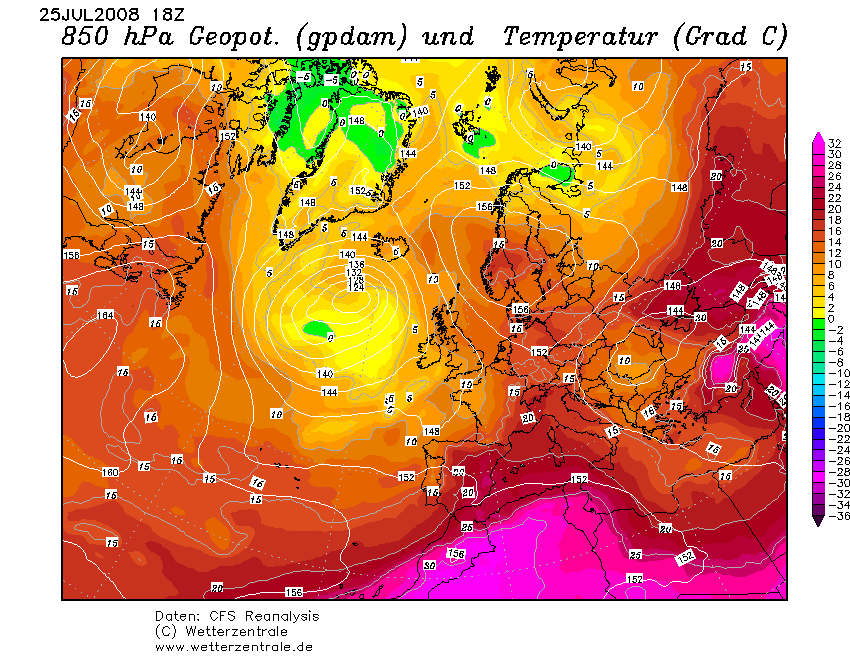 Obr. 13 Reanalýza tlakové a teplotní situace nad Evropou a severním Atlantikem dne 25. 7. 2008, 18 UTC. Je zobrazena geopotenciální výška a teplota v hladině 850 hpa Zdroj: Wetterzentrale (www.
