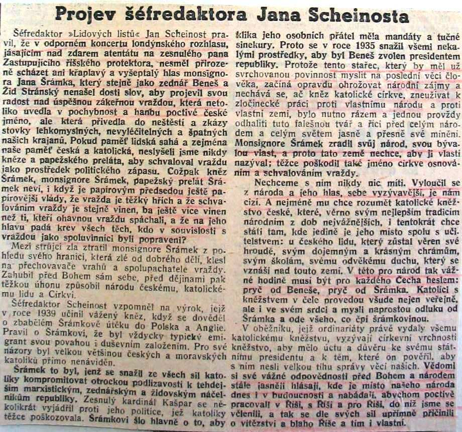 Obr. 44: Článek z Lidových listů (28. 6. 1942) obsahující Scheinostův olomoucký projev z 27. června 1942, kterým po smrti R.