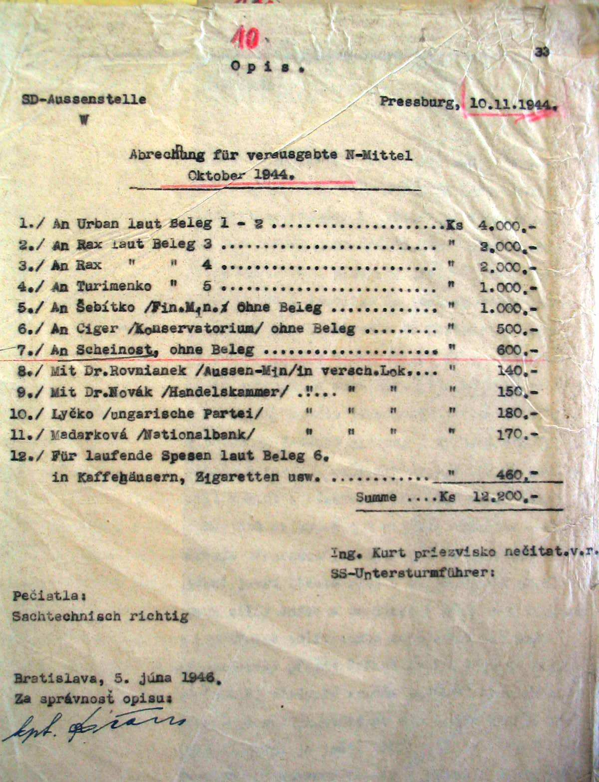 Obr. 46: Tímto výpisem chtěla obžaloba dokázat, že J. Scheinost spolupracoval s SD. Národní soud mu spolupráci neprokázal.