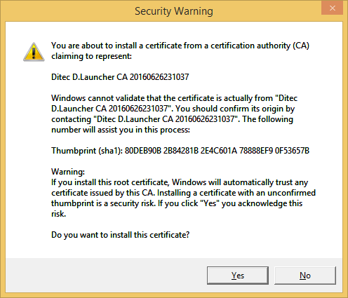 Po zobrazení bezpečnostného upozornenia potvrďte inštaláciu novo vygenerovaného certifikátu Ditec D.Launcher CA na svoj počítač.