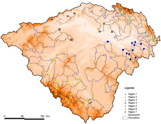 Obr. 5 Rozložení regionů v povodí Labe Do prvního regionu (severovýchodní pohoří) bylo zařazeno 8 stanic, do druhého 13 (severovýchodní podhůří), do třetího 48 (vrchoviny), do čtvrtého 9