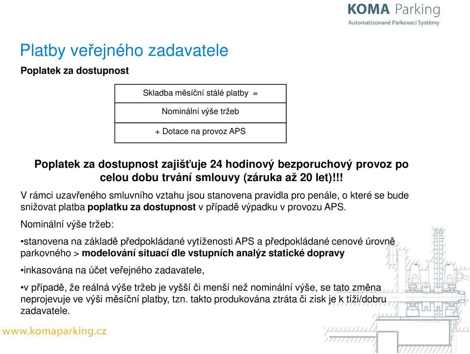 Nominální výše tržeb: stanovena na základě předpokládané vytíženosti APS a předpokládané cenové úrovně parkovného > modelování situací dle vstupních analýz statické dopravy inkasována na účet