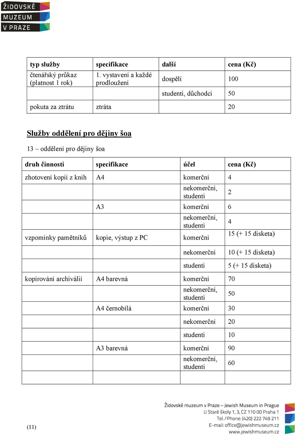 specifikace účel cena (Kč) zhotovení kopií z knih A4 komerční 4 nekomerční, studenti A3 komerční 6 nekomerční, studenti vzpomínky pamětníků kopie, výstup z PC
