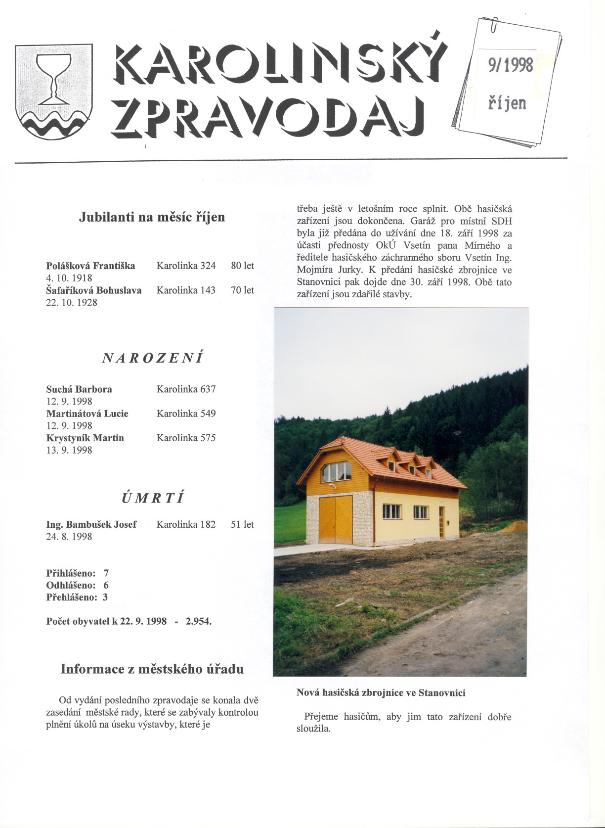 ~ ~{j\ro ti ~I S~{y 7.PR~\Vo f) ~\J 9/1998' V I. fl Jen Jubilanti na mesíc ríjen Polášková Františka 4.10.1918 Šafaríková Bohuslava 22.10.1928 Karolinka 324 Karolinka 143 80 let 70 let treba ješte v letošním roce splnit.