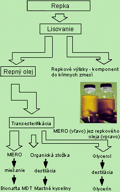 Výroba bionafty pozostáva z lisovaniarepky, filtrovania a následného delenia oleja (esterifikácia) na metylester (MERO -