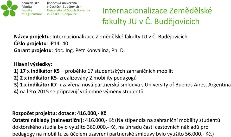 Hlavní výsledky: 1) 17 x indikátor K5 proběhlo 17 studentských zahraničních mobilit 2) 2 x indikátor K5 zrealizovány 2 mobility pedagogů 3) 1 x indikátor K7 uzavřena nová partnerská smlouva s