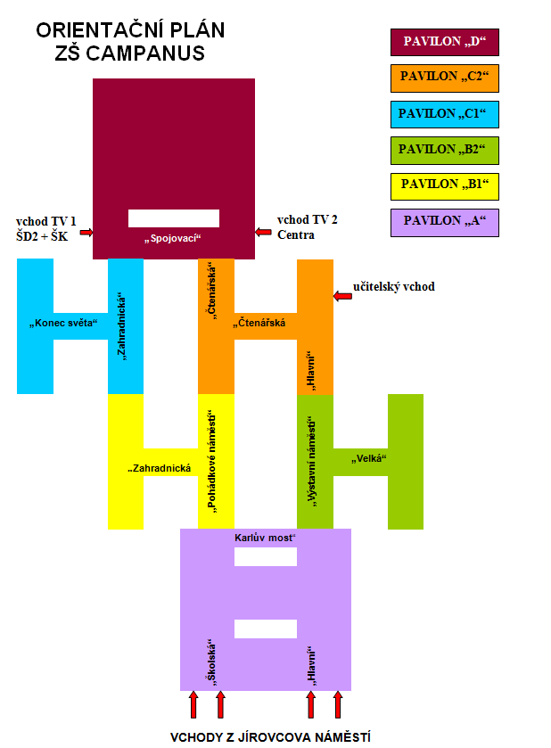 Pavilon A PŘÍZEMÍ šatny 1. a 2. stupně, společenská místnost, 9. a 10. oddělení školní družiny 1. 8.