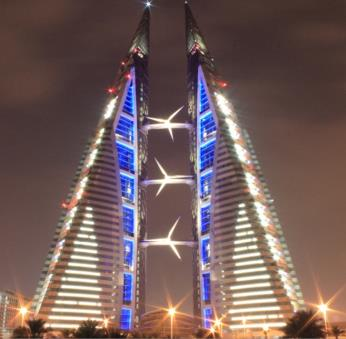 Příklad budovy Bahrain World Trade Center prestižní budova určená pro reprezentaci (2008) první mrakodrap s integrovaným systémem výroby el.