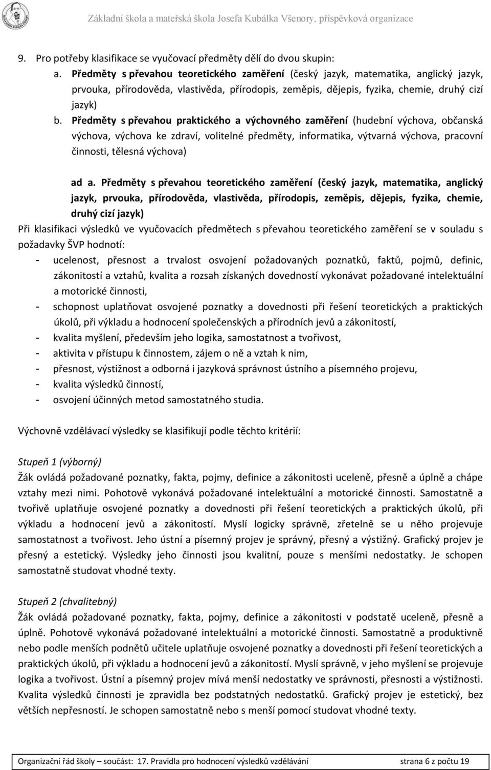 Předměty s převahou praktického a výchovného zaměření (hudební výchova, občanská výchova, výchova ke zdraví, volitelné předměty, informatika, výtvarná výchova, pracovní činnosti, tělesná výchova) ad