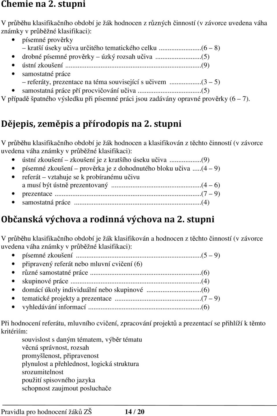 ..(6 8) drobné písemné prověrky úzký rozsah učiva...(5) ústní zkoušení...(9) samostatné práce referáty, prezentace na téma související s učivem...(3 5) samostatná práce pří procvičování učiva.