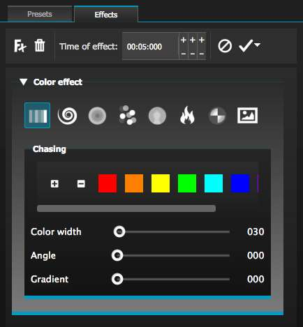 3. Efekty Barva efektu (Color Effect) mydmx 2.0 má vynikající generátor RGB barevných efektů. Chcete-li přidat efekt, zvolte záložku efektů a klepněte na ikonu zvláštního efektu.
