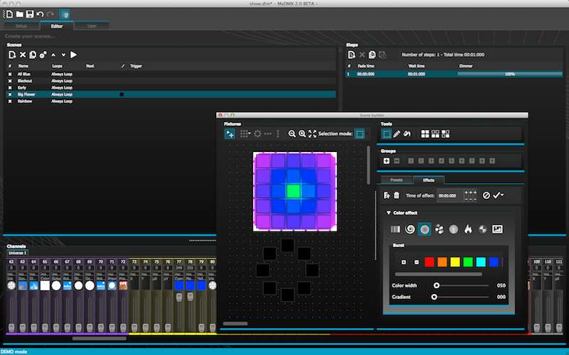 Co je nového v mydmx 2.0 (pokračování) Nový design Software má nový design, jehož součástí jsou nové ikony, fadery, barvy a přednastavení. To vše umožňuje rychlejší a příjemnější práci.