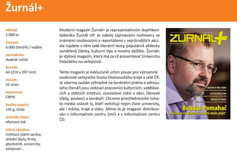 správy, střední školy, firmy, absolventi, univerzity, veřejnost... Moderní magazín Žurnál+ je reprezentativním doplňkem týdeníku Žurnál UP.