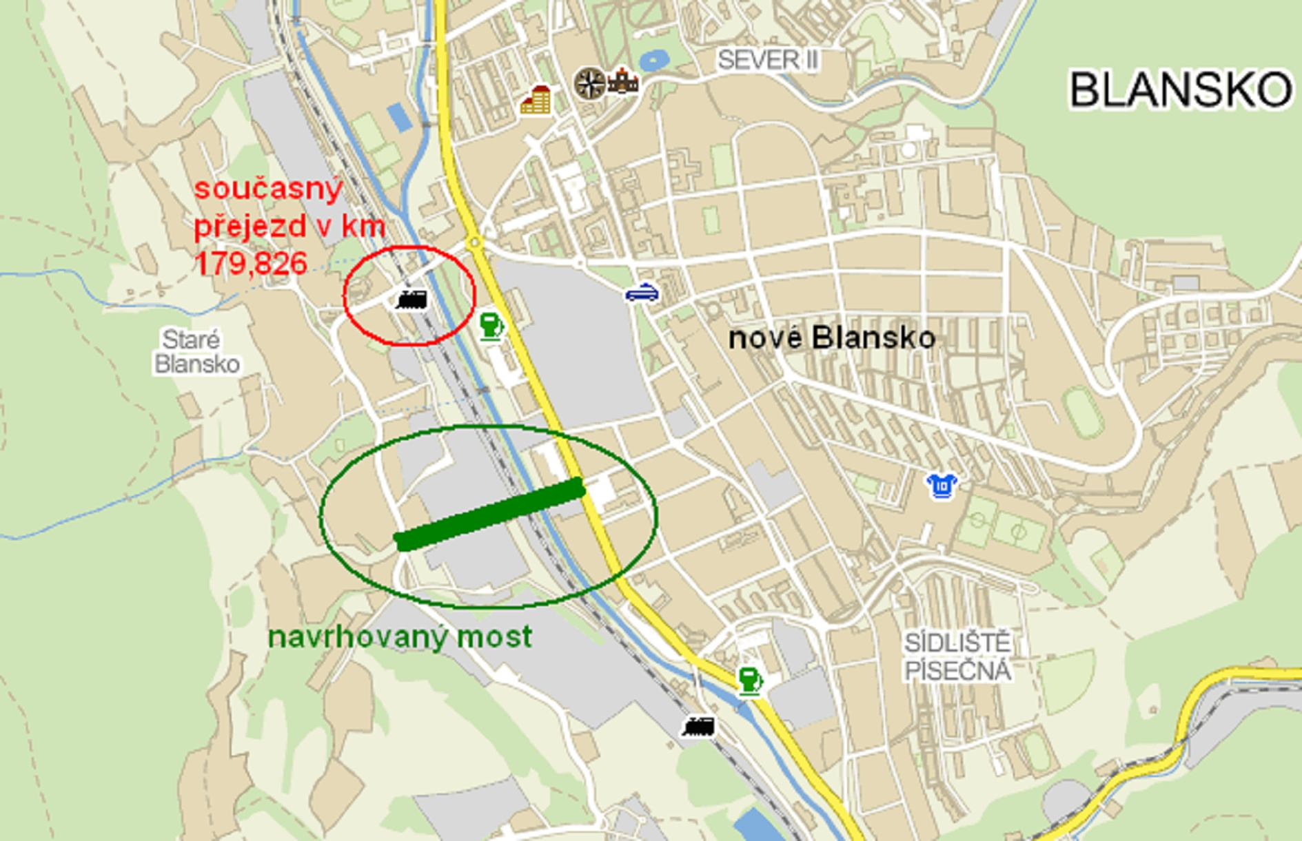 polovině. Na straně nového Blanska bude silnice z mostu napojena do křižovatky Svitavská/Fügnerova. Zde bude současná nevyhovující křižovatka přestavěna na kruhový objezd.