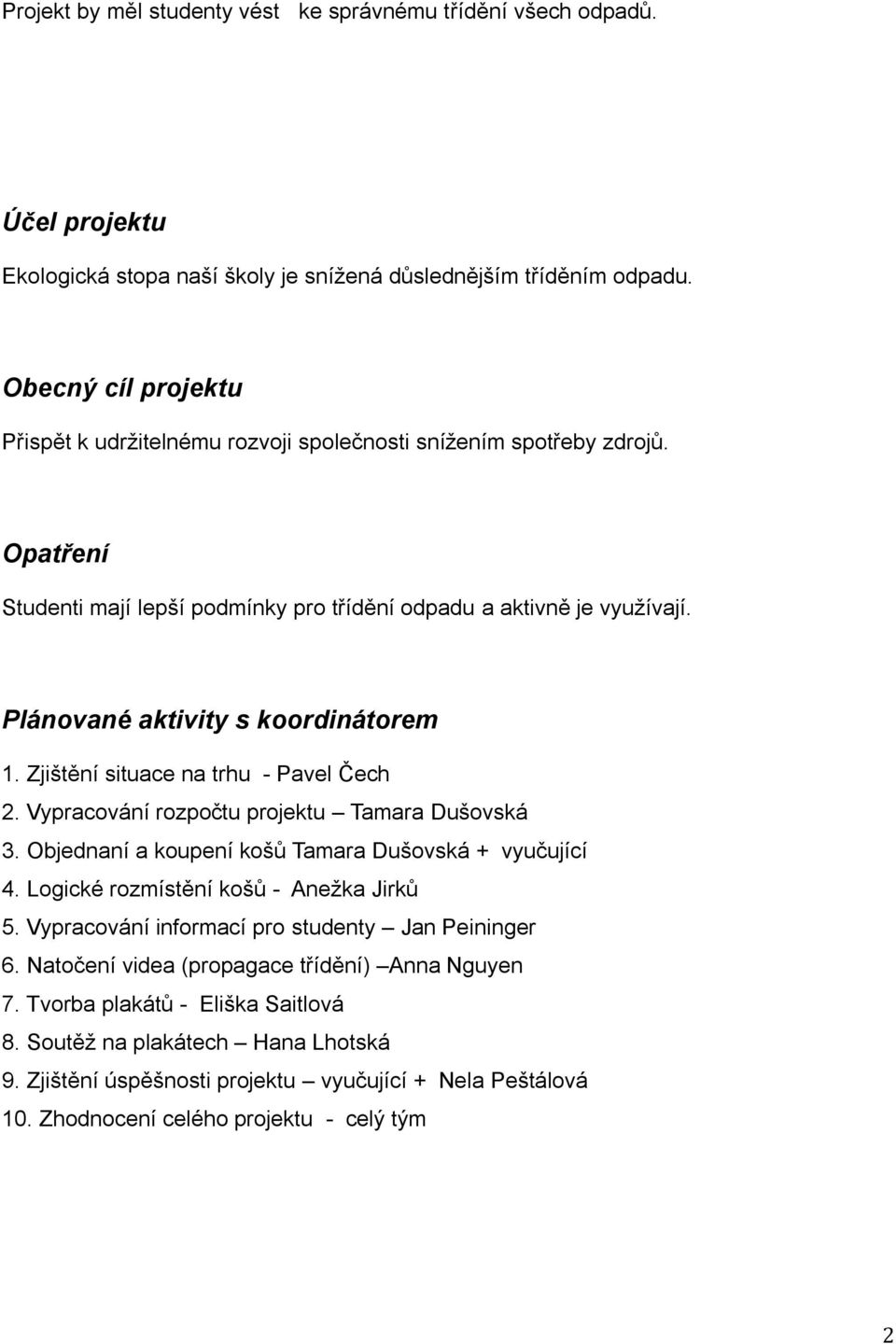 Plánované aktivity s koordinátorem 1. Zjištění situace na trhu - Pavel Čech 2. Vypracování rozpočtu projektu Tamara Dušovská 3. Objednaní a koupení košů Tamara Dušovská + vyučující 4.