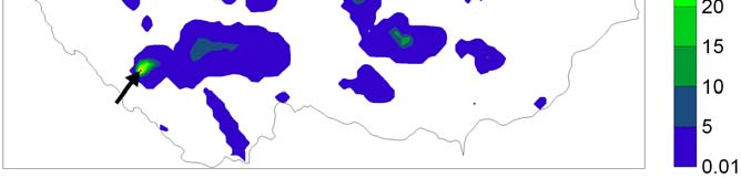 5. VYUŽITÍ DRUŽICOVÝCH DAT K ODHADU KONVEKTIVNÍCH SRÁŽEK Obr. 5.5 Vybraný případ z 8.8. 2007, 18:30 UTC generující nereálné srážky ve 2-D matici. Obrázky znázorňují a) kanál IR10.