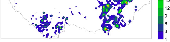 5. VYUŽITÍ DRUŽICOVÝCH DAT K ODHADU KONVEKTIVNÍCH SRÁŽEK Obr. 5.17 Hodinové srážkové úhrny ze 2. července 2009, 12-13 UTC nad územím ČR.