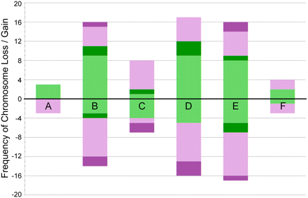 Stacked bar chart showing the number of chromosome losses and gains from GISH karyotypes of seed-grown plants.