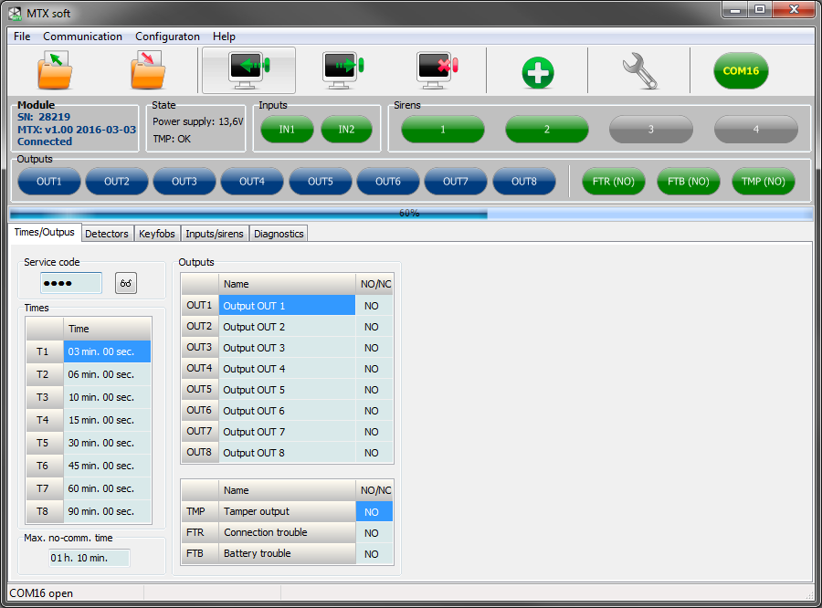 10 MTX-300 SATEL 6.3 Konfigurace pomocí programu MTX SOFT 6.3.1 Vytvoření spojení 1. Propojte port RS-232 (TTL) a počítač pomocí převodníku USB-RS nabízeného SATELem. 2. Spusťte program MTX SOFT. 3.