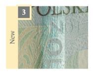 3) Iridescentní proužek - na rubové straně bankovky je pod různým úhlem
