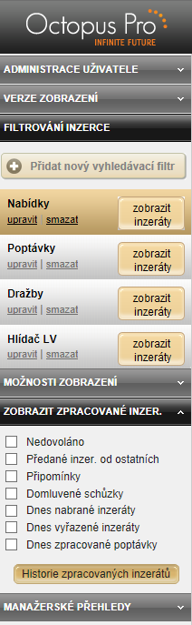 V. Zobrazit zpracované inzeráty Inzeráty filtrujeme dle způsobu zpracování - jedná se o úkony, které proběhly ten den ( starší