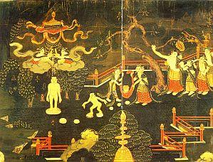 5 Nad tímto obrázkem lze opět spatřit buddhistický chrám (č. 3), který v tomto případě znázorňuje palác Arjún iden chána, tedy krále Šuddhódhany.