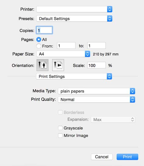 Tisk 5. V místní nabídce vyberte možnost Nastavení tisku. Nezobrazí-li se v systému Mac OS X v10.8.x nebo vyšší verzi nabídka Nastavení tisku, ovladač tiskárny Epson nebyl správně nainstalován.