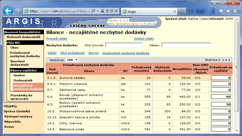 8.4.3 Bilance zajištění nezajištěné nezbytné dodávky Volání prostřednictvím odkazu Nezajištěné nezbytné dodávky nad přehledem Bilance zajištění.