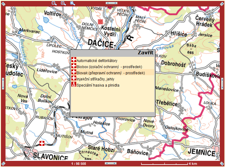 Označíte-li tažením myši výsek zobrazené mapy, zvětší se označená část na celé mapové okno.