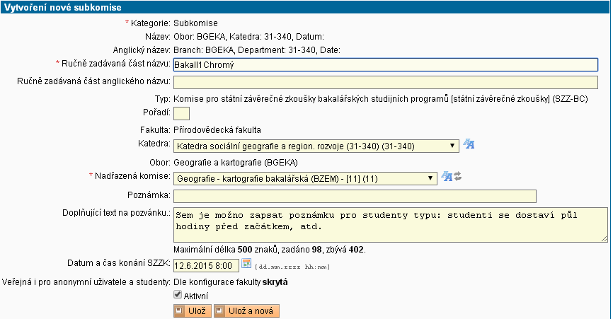 Obr. 2: Detail termínu 2. Vytvoření subkomisí v SIS V aplikaci Komise zvolíte menu Vytvořit komisi.