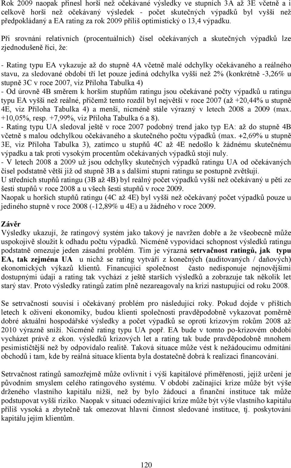 Při srovnání relativních (procentuálních) čísel ch a skutečných výpadků lze zjednodušeně říci, že: - Rating typu EA vykazuje až do stupně 4A včetně malé odchylky očekávaného a reálného stavu, za