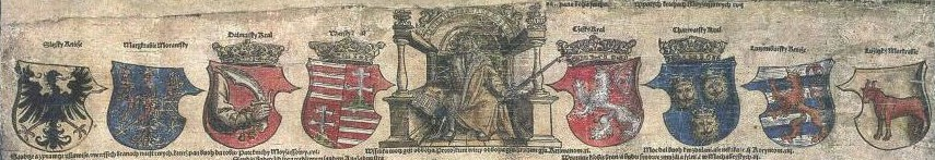 Horní část Klaudyánovy mapy Postava krále Ludvík Jagellonského (vládl v Čechách v létech 1516 až 1526) Erby zemí, kterým Ludvík