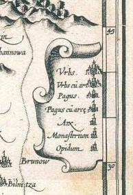 Fabriciova mapa Moravy 1569 (mapa byla dokončena v roce 1568) Morauia marchionatus. Merhern Authore P.