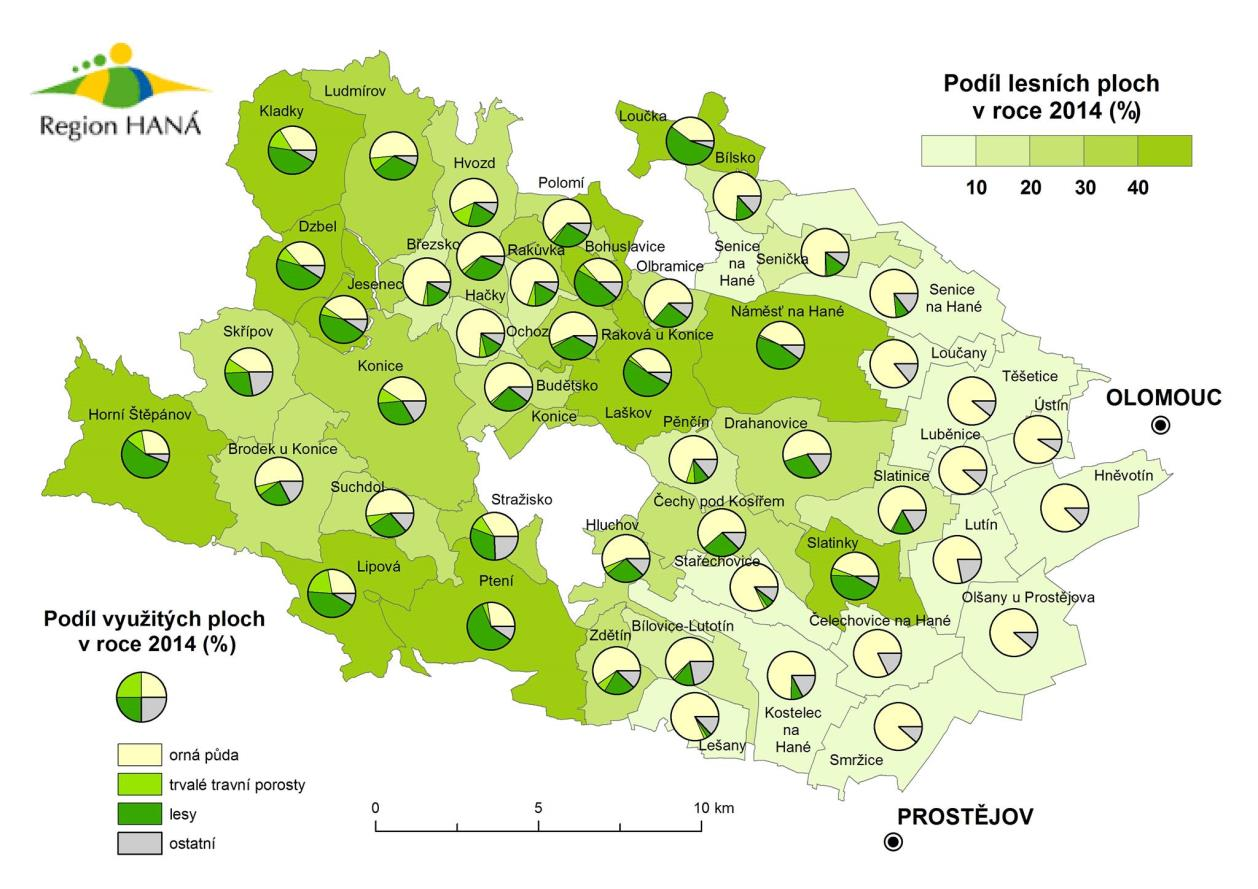 ANALYTICKÁ Obr. 21: Mapa - podíl využitých ploch a podíl lesních ploch v roce 2014 (%) Zdroj: Vlastní zpracování Druhové složení lesů Plocha hlavních jehličnatých dřevin tj.