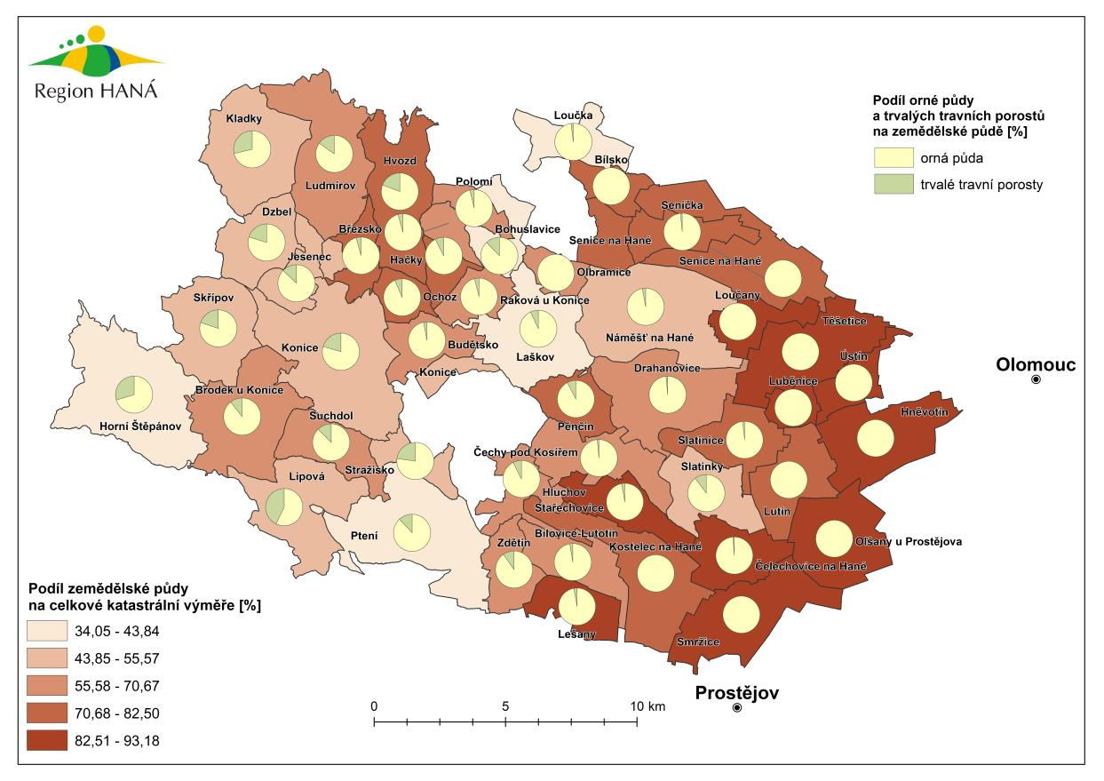 ANALYTICKÁ X.2 Zemědělství Obr. 18 - Mapa - podíl zemědělské půdy na celkové katastrální výměře, podíl orné půdy a trvalých travních porostů na zemědělské půdě (%) Zdroj: Vlastní zpracování X.2.1 Zemědělské výrobní oblasti MAS Region HANÁ se většinou svého území nachází v řepařské výrobní oblasti, která je zastoupena podtypy Ř1 a Ř2.