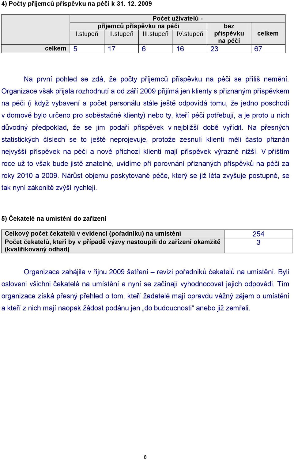 Organizace však přijala rozhodnutí a od září 2009 přijímá jen klienty s přiznaným příspěvkem na péči (i kdyţ vybavení a počet personálu stále ještě odpovídá tomu, ţe jedno poschodí v domově bylo