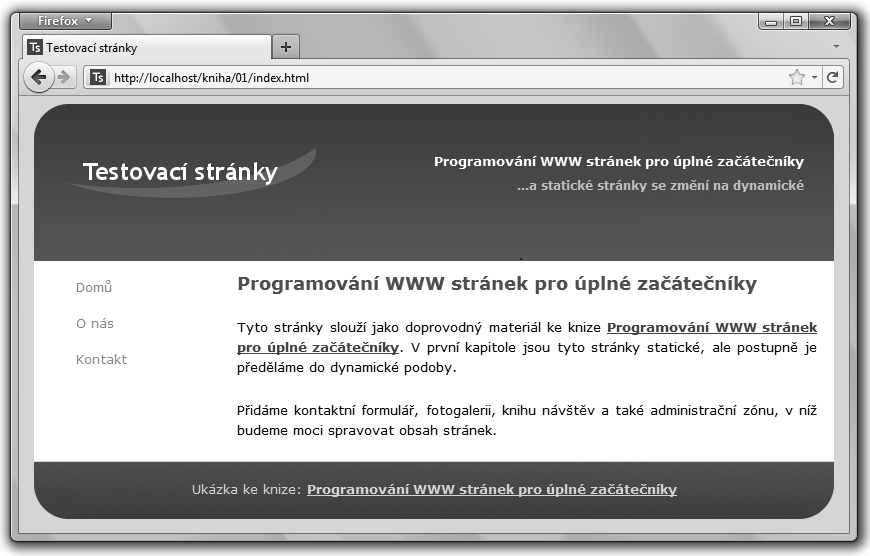 Otevřeme si v prohlížeči soubor index.html. Měl by vypadat jako na obrázku 1.9. Obrázek 1.9 Soubor index.html zobrazený v prohlížeči Teď si rychle prohlédneme zdrojový kód souboru index.