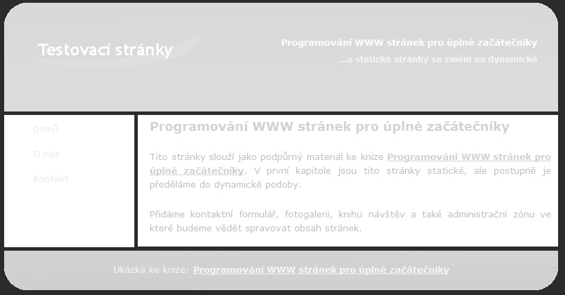 Teď následuje samotné tělo stránky. Uspořádání jednotlivých bloků ukazuje obrázek 1.10. blok pro hlavičku blok pro menu blok pro hlavní obsah blok pro paričku Obrázek 1.