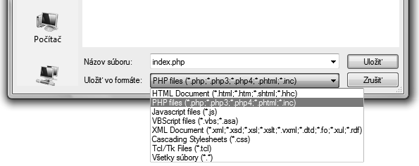 Obrázek 2.1 Okno s možnostmi pro uložení souboru 4. Stejným způsobem jako v krocích 1 až 3 přetypujeme i soubory o-nas.html na o-nas. php a kontakt.html na kontakt.php. 5.