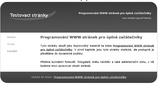 Upravené výsledné skripty si můžeme zobrazit i v prohlížeči na adrese http://localhost/kniha/ts/ index.php. Stránka vypadá úplně stejně jako v první kapitole, kdy to byly pouze statické stránky.