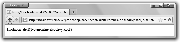jako na obrázku 2.13, aniž by se zobrazilo nové okno spuštěné JavaScriptem. Úspěšně jsme zabránili vložení potenciálně škodlivého kódu. Obrázek 2.