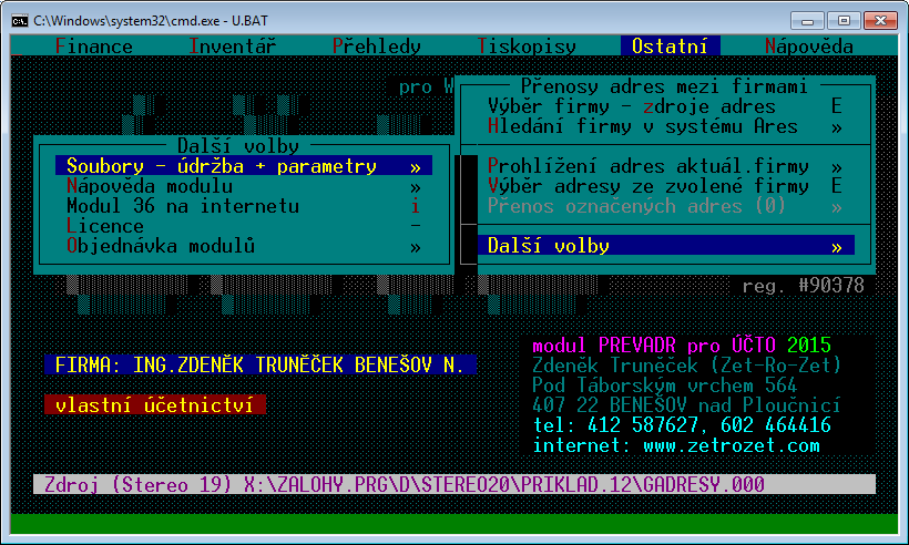 3. OBSLUHA MODULU Modul je součástí Účta a spustí se z nabídky: Ostatní / Vlastní programy / Programy jiných autorů / Převody adres mezi firmami 36.