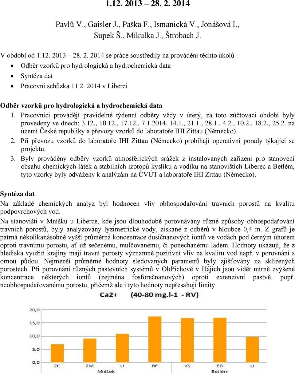 12., 7.1.2014, 14.1., 21.1., 28.1., 4.2., 10.2., 18.2., 25.2. na území České republiky a převozy vzorků do laboratoře IHI Zittau (Německo). 2. Při převozu vzorků do laboratoře IHI Zittau (Německo) probíhají operativní porady týkající se projektu.