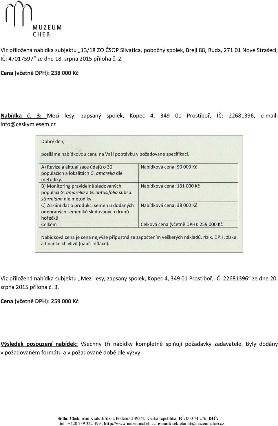 cz Viz přiložená nabídka subjektu Mezi lesy, zapsaný spolek, Kopec 4, 349 01 Prostiboř, IČ: 22681396 ze dne 20. srpna 2015 příloha č. 3. Cena (včetně DPH): 259 000 Kč Výsledek posouzení nabídek: Všechny tři nabídky kompletně splňují požadavky zadavatele.